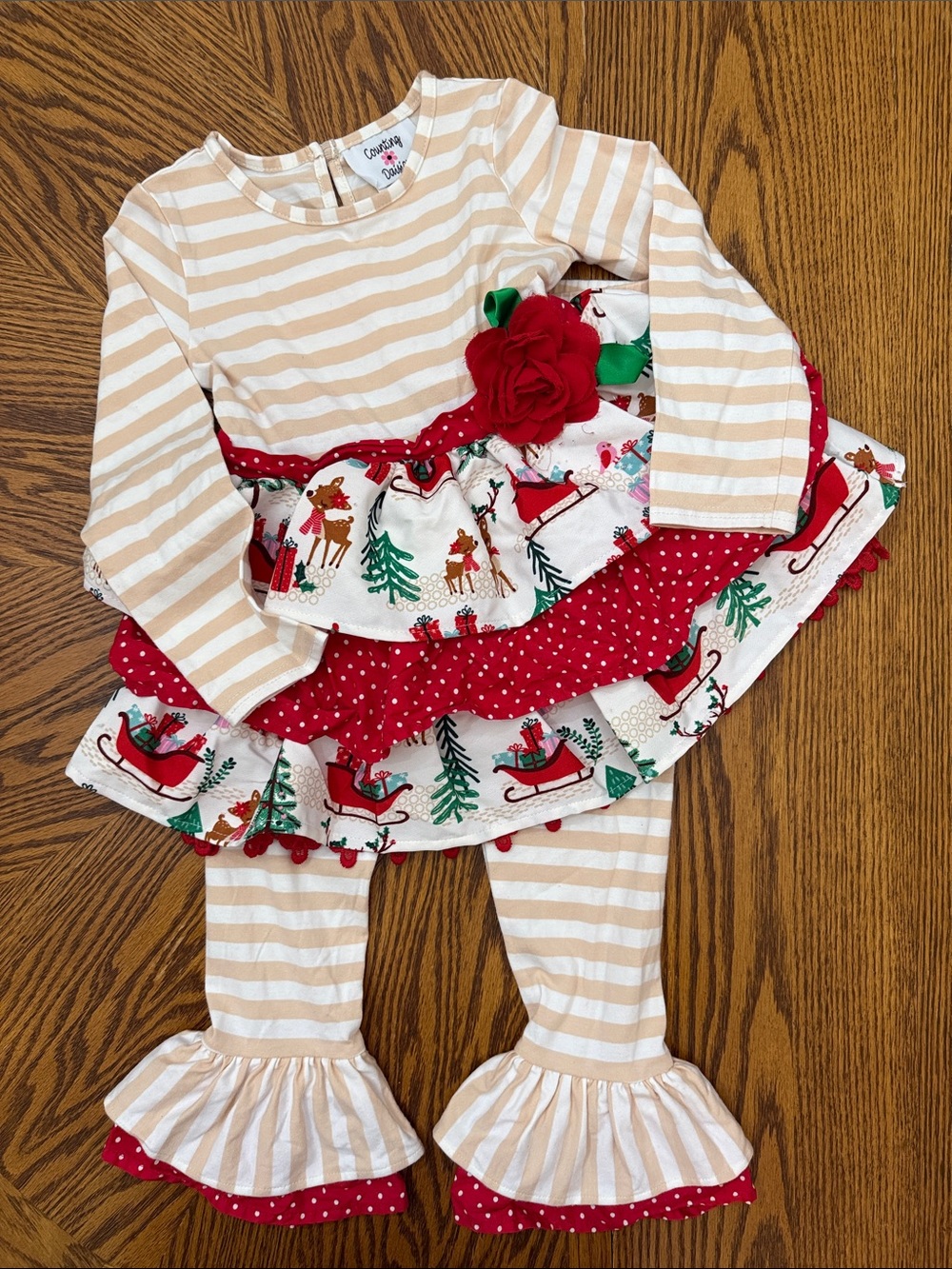 Counting Daisies Girls Beige Red Stripe Holiday Ruffle Matching Set Sz 4